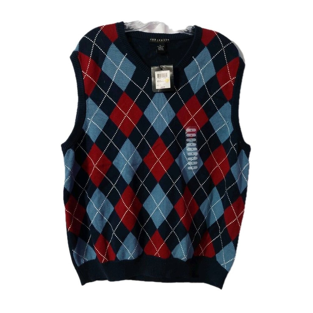 Consensus Mens Sweater Vest Blue Argyle Size XL NWT